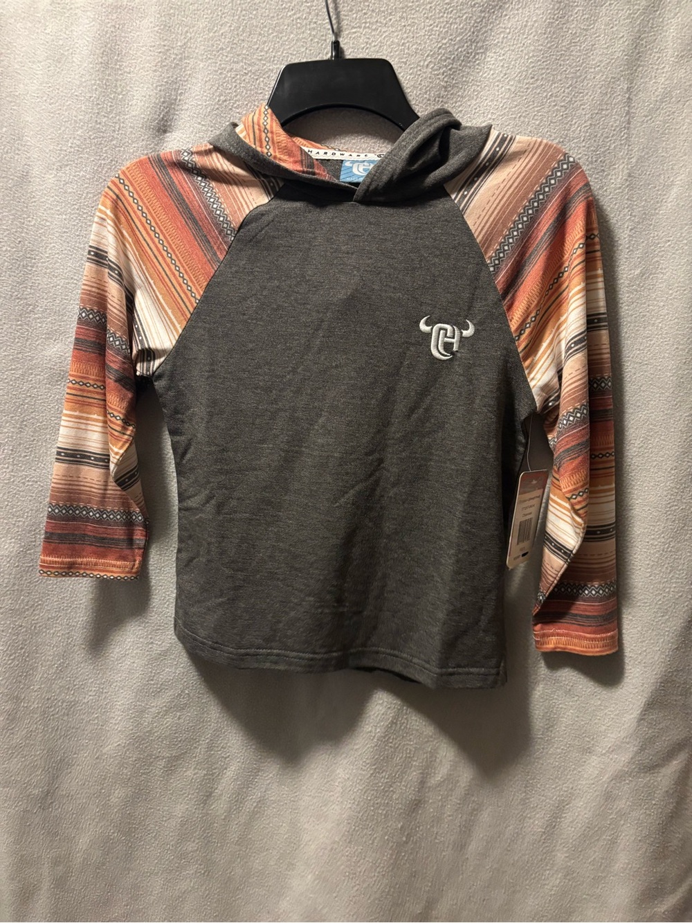 Kids Charcoal Hooded Raglan Sweatshirt with Rust-Striped Sleeves